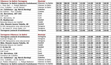 Horaris bus Vilanova-Tarragona